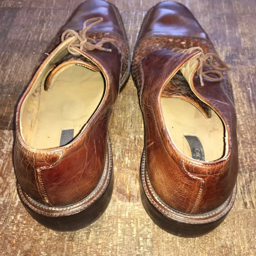Folio New York Mens 10.5 Woven Italian Leather Oxford Brown Business CapToe Shoe